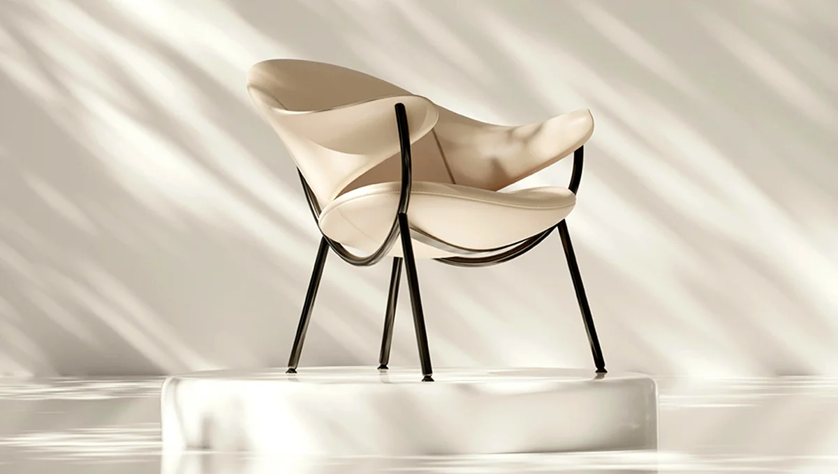 3D product photography of a chair with a black armrest positioned beside a white table.