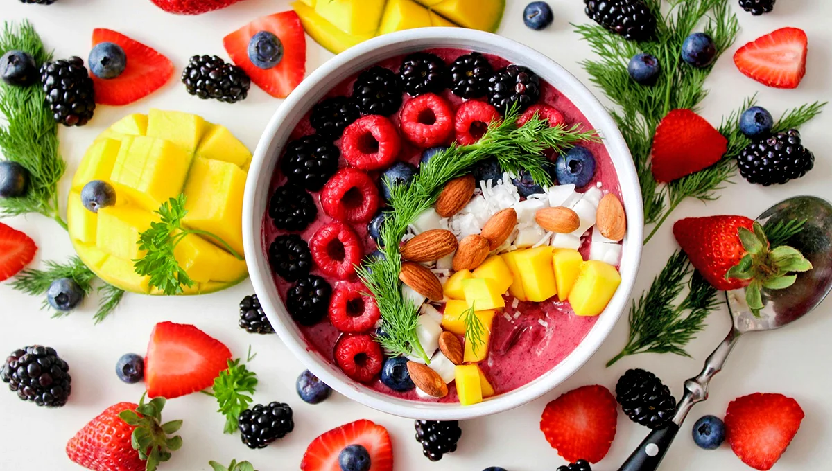 A colorful bowl of mixed fruits and berries, with a shiny spoon placed next to it.
