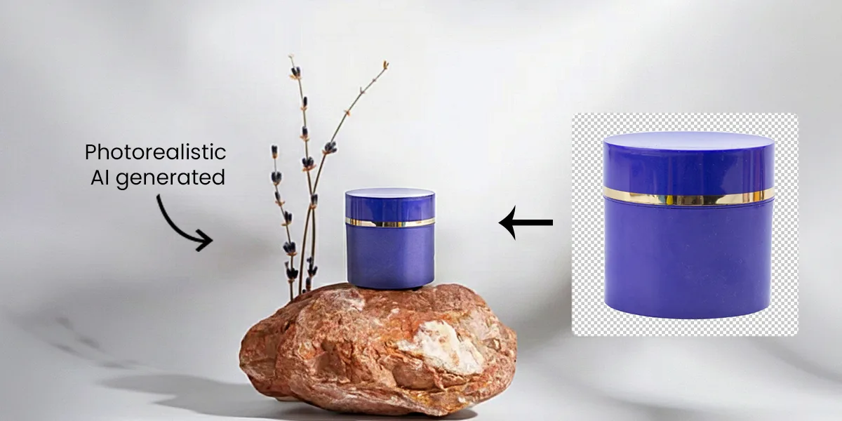 An AI-made picture of a blue product on a rock, with small plants in the back. This shows new ways to take product photos. It started from just one clear product image. This type of photography is becoming common now.