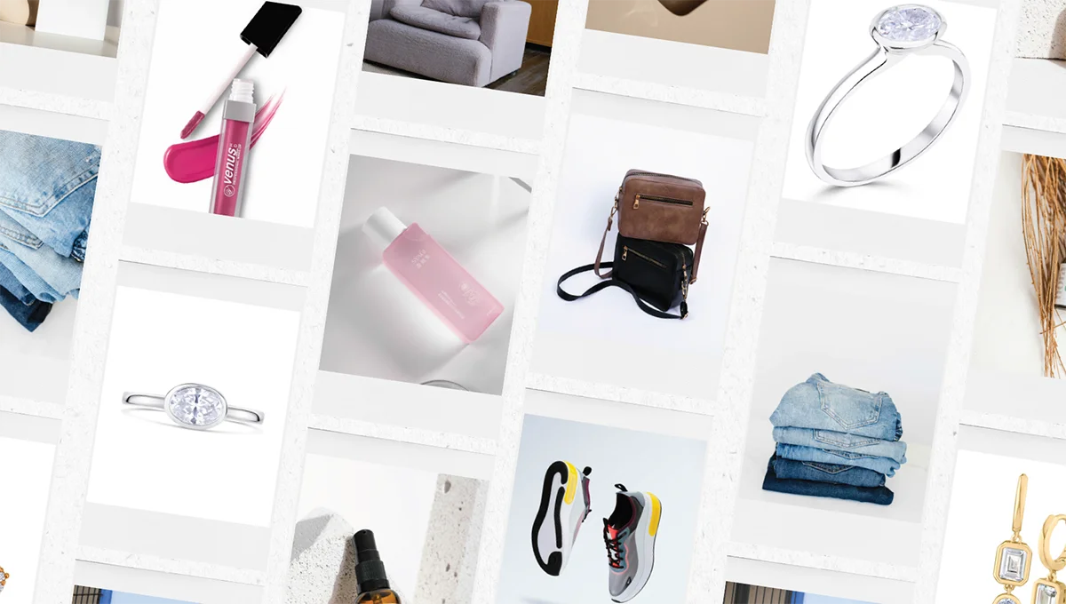 A collage featuring various items: jewelry, shoes, and bags, showcasing product photography in an artistic arrangement.