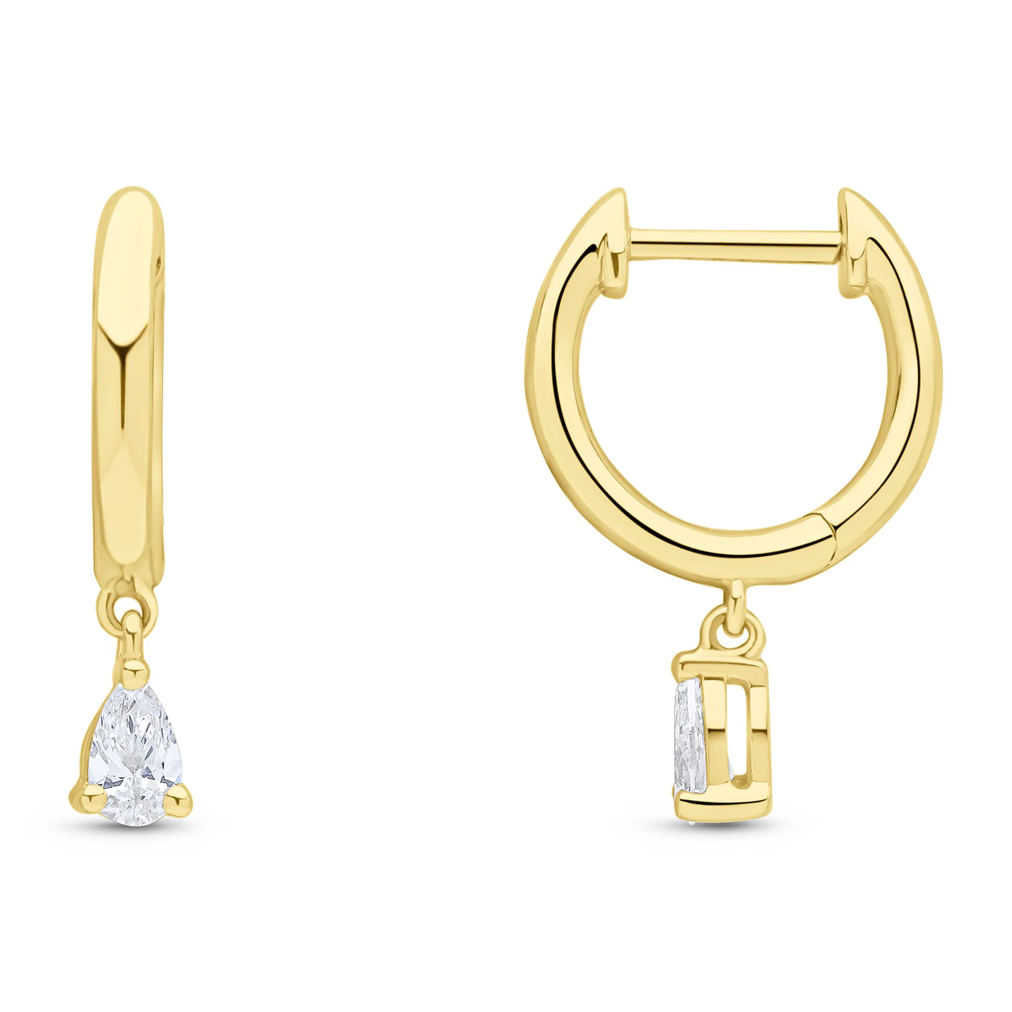 A pair of gold hoop earrings featuring a sparkling diamond, showcasing exquisite jewelry photo editing