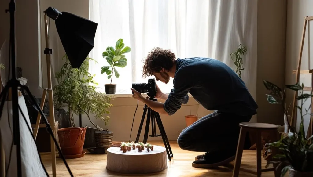 photographer captures still-life plants well lit indoor setting