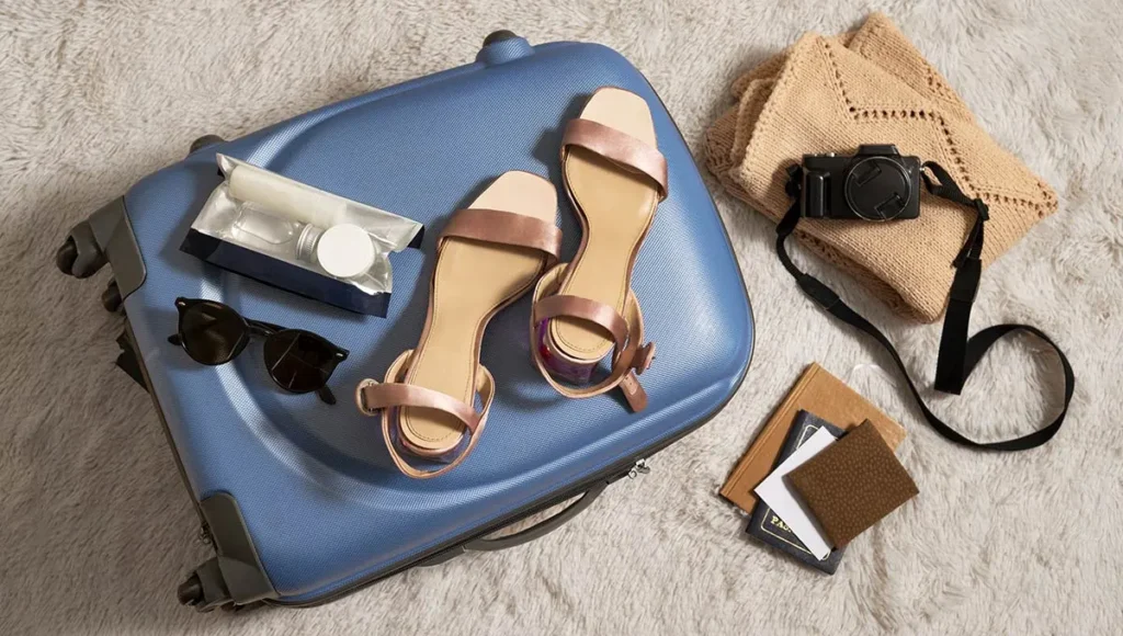 a pair of shoes, a sunglass, a bag and a luggage with a note book